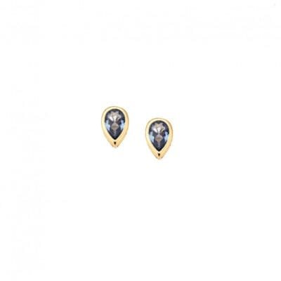 Yellow gold plated sterling silver earrings, teardrop with light blue cubic zirconia
