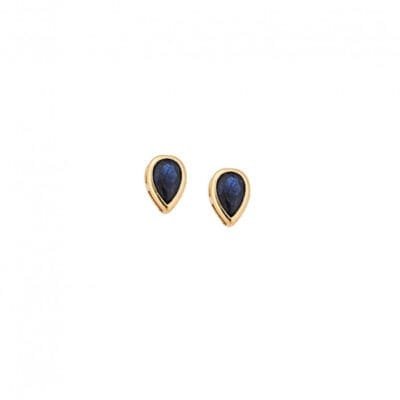 Yellow gold plated sterling silver earrings, teardrop with blue cubic zirconia