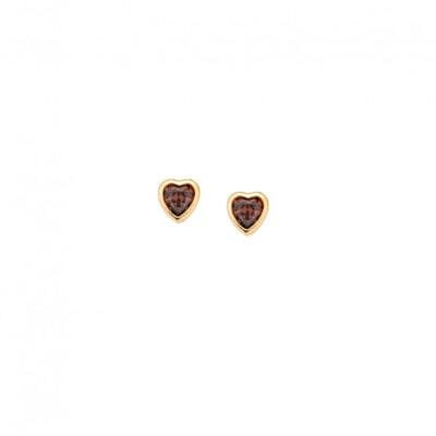 Yellow gold plated silver earrings 925, heart with brown cubic zirconia