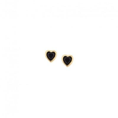 Yellow gold plated sterling silver earrings, heart with black cubic zirconia
