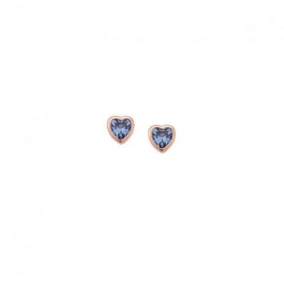 Rose gold plated sterling silver earrings, heart with light blue cubic zirconia