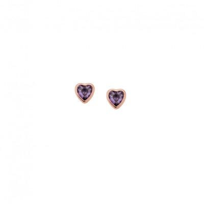 Rose gold plated sterling silver earrings, heart with purple cubic zirconia