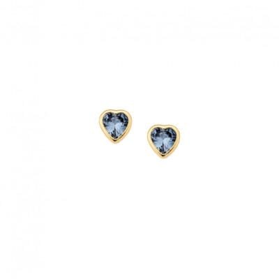 Yellow gold plated sterling silver earrings, heart with aquamarine cubic zirconia