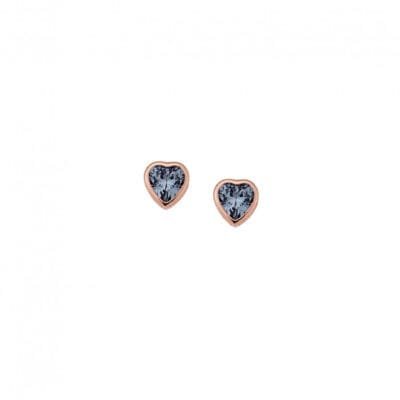 Rose gold plated sterling silver earrings, heart with aquamarine cubic zirconia