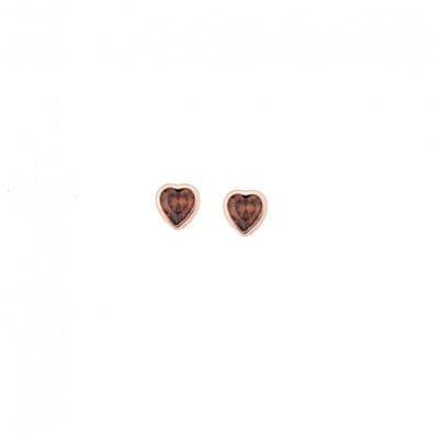 Rose gold plated sterling silver earrings, heart with brown cubic zirconia