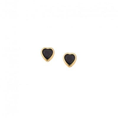 Yellow gold plated sterling silver earrings, heart with black cubic zirconia