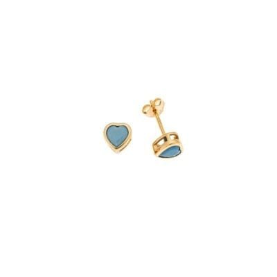 Gold plated silver earrings 925, heart with turquoise cubic zirconia