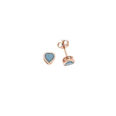 Rose gold plated sterling silver earrings, heart with turquoise cubic zirconia