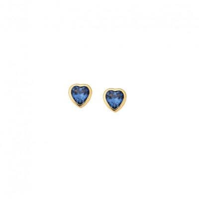 Yellow gold plated sterling silver earrings, heart with light blue cubic zirconia