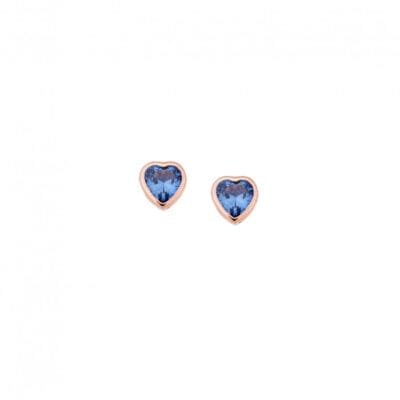 Rose gold plated sterling silver earrings, heart with light blue cubic zirconia