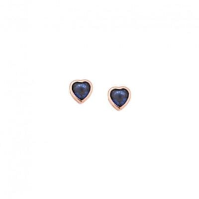 Rose gold plated sterling silver earrings, heart with blue cubic zirconia