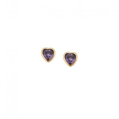 Yellow gold plated sterling silver earrings, heart with purple cubic zirconia
