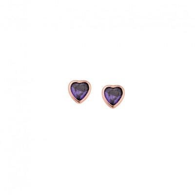 Rose gold plated sterling silver earrings, heart with purple cubic zirconia