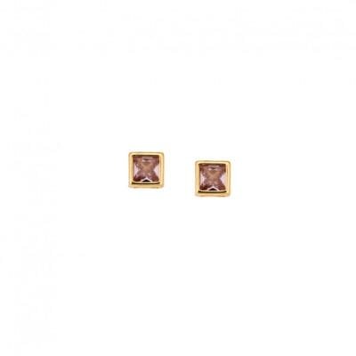 Yellow gold plated silver earrings 925, square with pink cubic zirconia