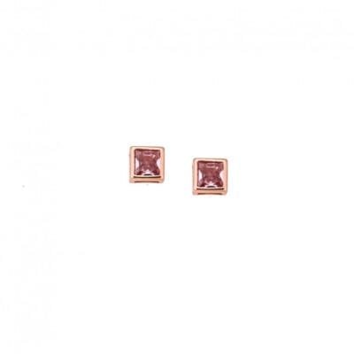 Rose gold plated sterling silver earrings, square with pink cubic zirconia