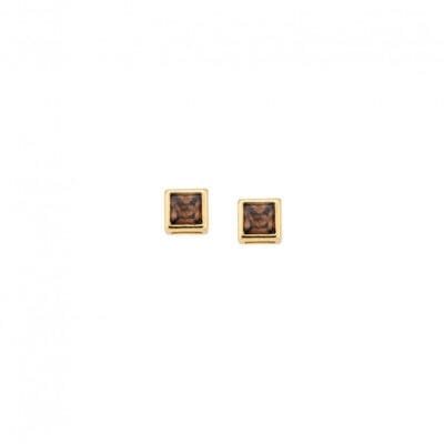 Yellow gold plated silver earrings 925, square with brown cubic zirconia