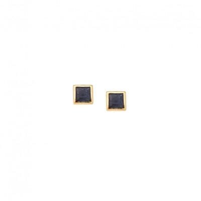 Yellow gold plated silver earrings 925, square with blue cubic zirconia