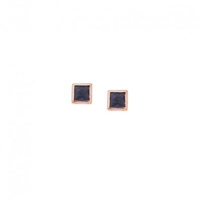 Rose gold plated sterling silver earrings, square with blue cubic zirconia