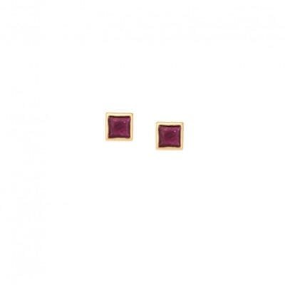 Yellow gold plated sterling silver earrings, square with fuchsia cubic zirconia