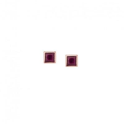 Rose gold plated sterling silver earrings, square with fuchsia cubic zirconia