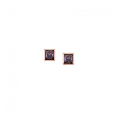 Rose gold plated sterling silver earrings, square with purple cubic zirconia