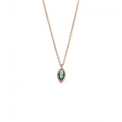 Pendant Silver 925 Rose Gold Plated, leaf with green cubic zirconia