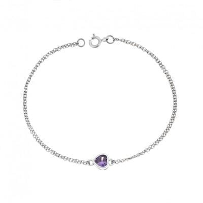 Silver bracelet 925, heart with purple cubic zirconia