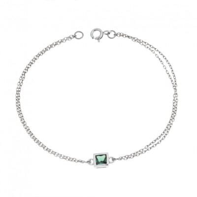 Silver bracelet 925, square with green cubic zirconia