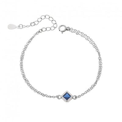 Silver bracelet 925, rhombus with blue cubic zirconia