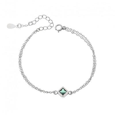 Silver bracelet 925, rhombus with green cubic zirconia