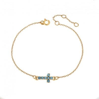 Silver bracelet 925, gold plated cross with blue stones