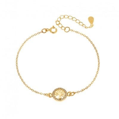 Silver 925 bracelet, gold plated tree of life with white cubic zirconia