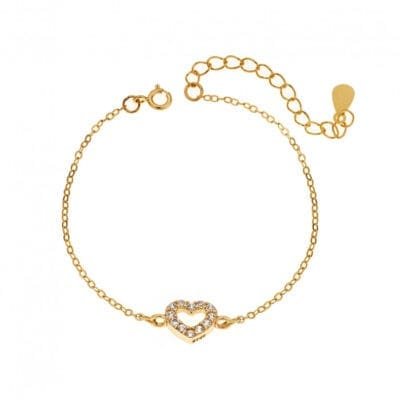 Silver bracelet 925, gold plated heart with cubic zirconia