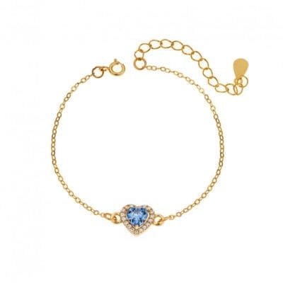 Silver 925 bracelet, gold plated heart with aquamarine cubic zirconia