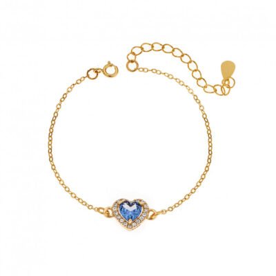 Silver bracelet 925, gold plated heart with light blue cubic zirconia