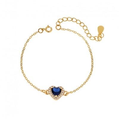 Silver bracelet 925, gold plated heart with blue cubic zirconia