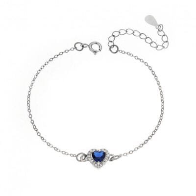 Silver bracelet 925, heart with blue cubic zirconia