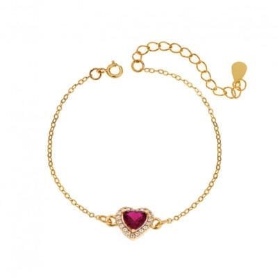 Silver bracelet 925, gold plated heart with red cubic zirconia