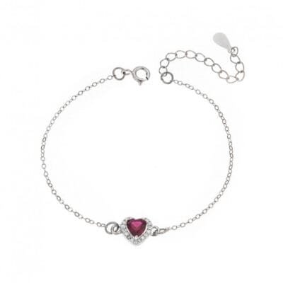Silver bracelet 925, heart with red cubic zirconia