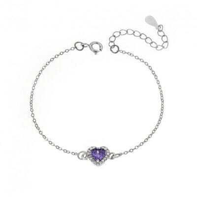 Silver bracelet 925, heart with purple cubic zirconia