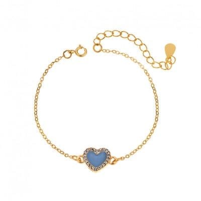 Silver 925 bracelet, gold plated heart with enamel and aquamarine cubic zirconia
