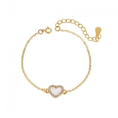 Silver 925 bracelet, gold plated white heart with enamel and transparent cubic zirconia