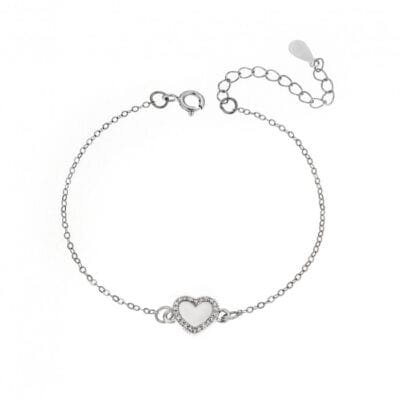 Silver bracelet 925, white heart with enamel and transparent cubic zirconia