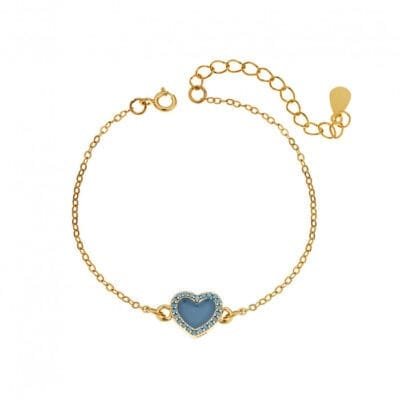 Silver 925 bracelet, gold plated heart with enamel and turquoise cubic zirconia