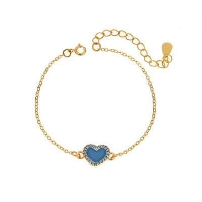 Silver 925 bracelet, gold plated heart with enamel and light blue cubic zirconia