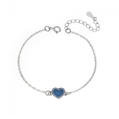 Silver 925 bracelet, heart with enamel and light blue cubic zirconia