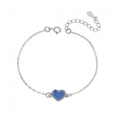 Silver bracelet 925, heart with enamel and blue cubic zirconia