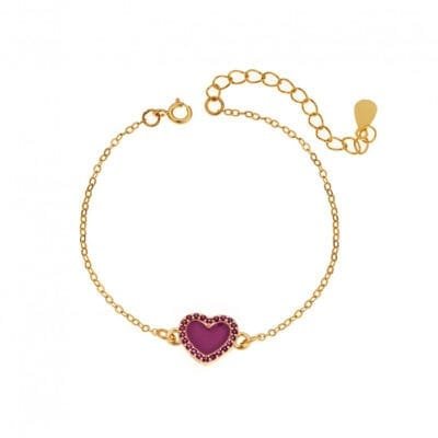 Silver 925 bracelet, gold plated heart with enamel and fuchsia cubic zirconia