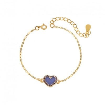 Silver 925 bracelet, gold plated heart with enamel and purple cubic zirconia