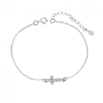 Silver bracelet 925, platinum plated cross with cubic zirconia